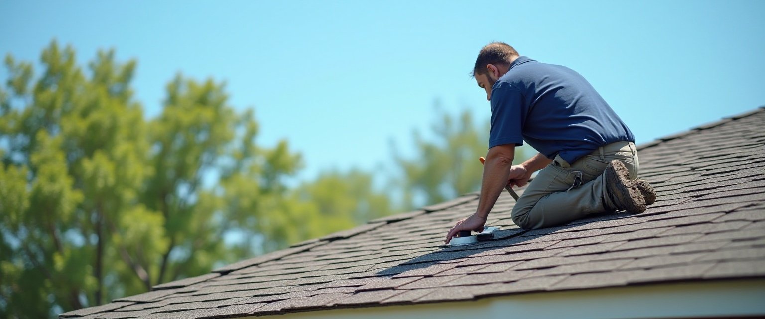 Roofer repairing a shingle roof