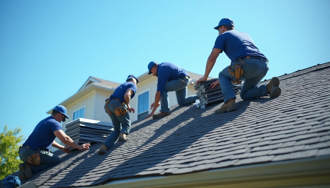 Crew installing shingles