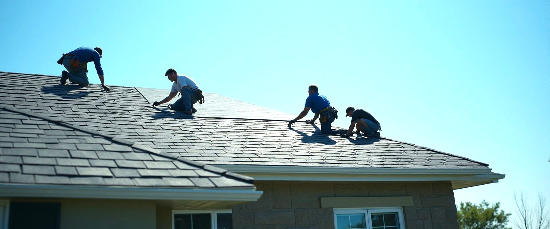 Roofing crew on a shingle roof