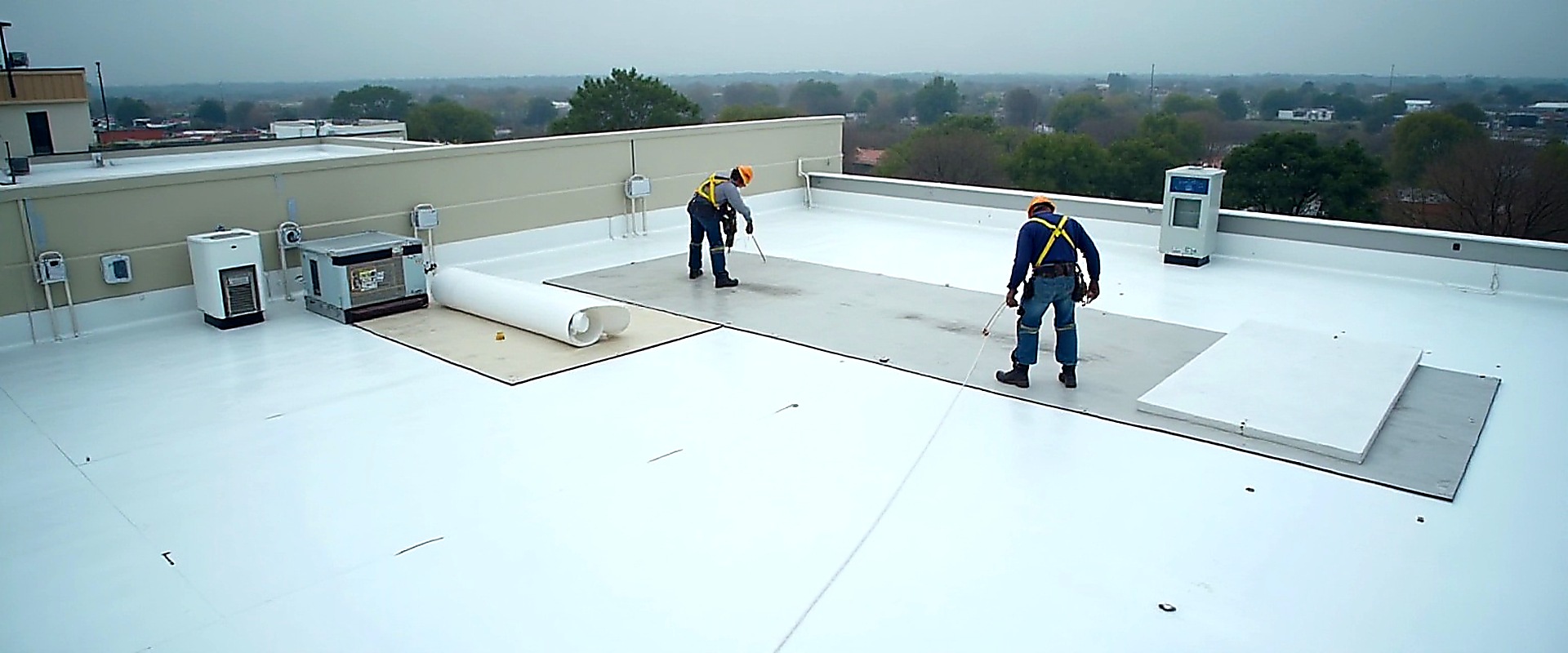 Workers installing a membrane on a flat roof